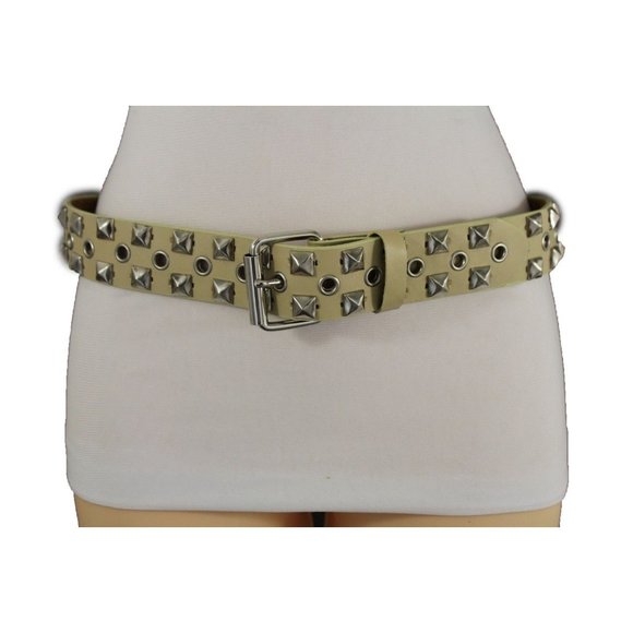 New Women Men Fashion Belt Beige Faux Leather Silver Metal Studs Size S M L XL - Picture 17 of 17